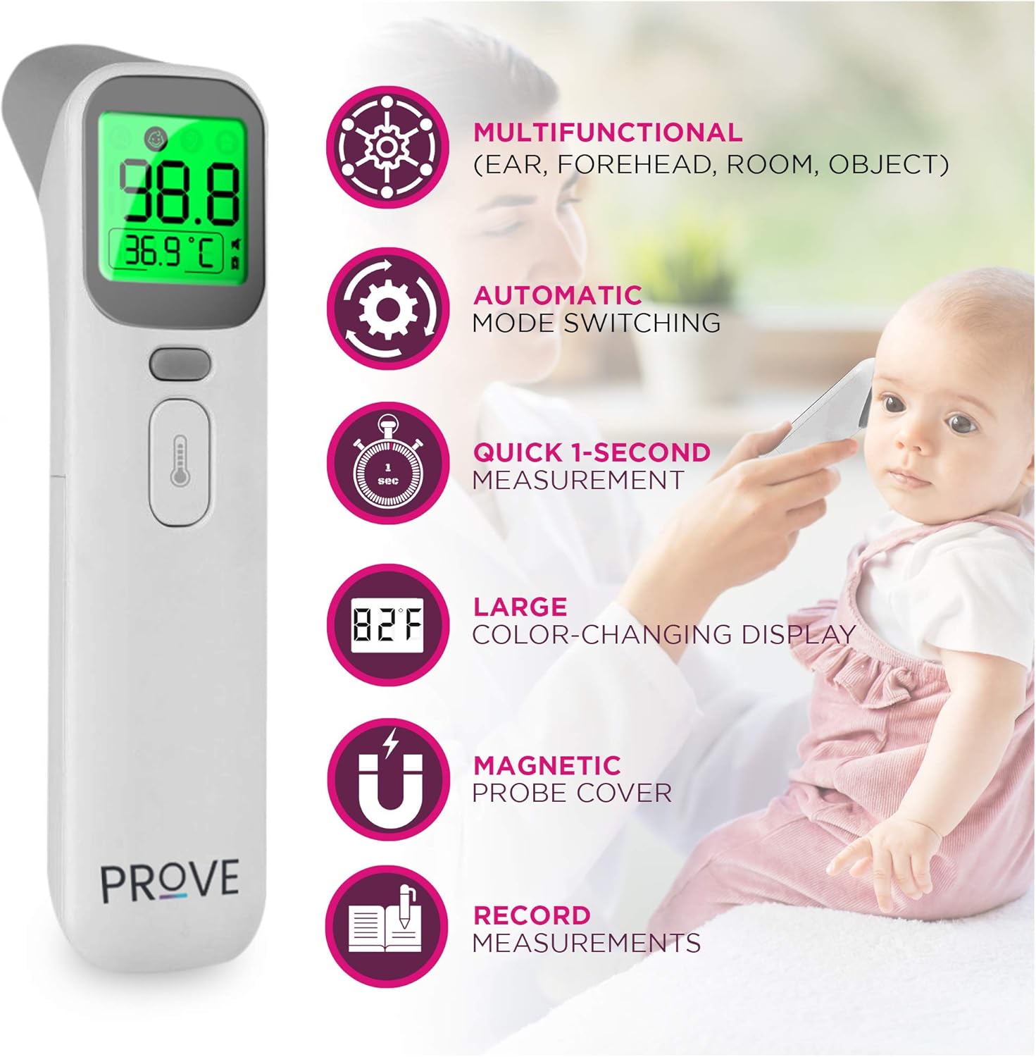 Prove Multifunction Infrared Thermometer | 4-in-1 Infrared Thermometer for Kids and Adults | Adult Forehead Mode, Child Forehead Mode, Ear Mode, and Object/Room Mode | Color Changing Fever Indicator: Health & Personal Care