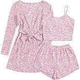Ekouaer Pajamas for Women Set 3 Piece Lounge Set Soft Pajama Sets Waffle Knit Tank Top and Shorts Cardigan with Pockets S-XXL