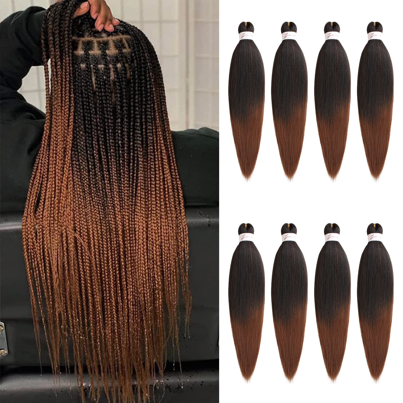 Xtrend 8 Packs 16 Inch Ombre Brown EZ Braiding Hair Extensions Pre Stretched for Box Braids Yaki Straight Kanekalon Fiber Pre Stretched Crochet Braiding Hair Extension T30#