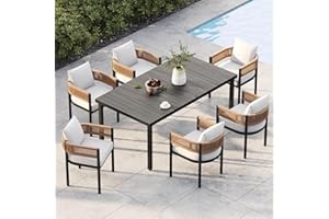Grand patio Outdoor Dining Set for 6, 7PCS Patio Table and Chairs Set, Metal Woven Wicker Fixed Patio Chairs with Thickened Cushions & Rectangular Woodgrain Dining Table with Umbrella Hole (Natural)