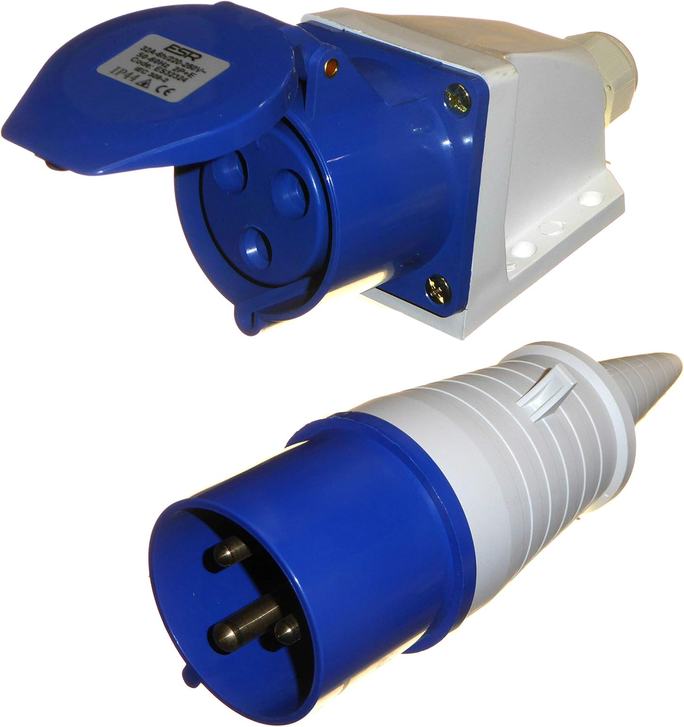 32 Amp 3 Pin Plug & Surface Socket 230V IP44 32A 2P+E 1 Phase Indoor / Outdoor Rainsafe Industrial 32A IEC Blue