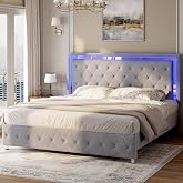 Jocisland Queen Bed Frame LED Lights Headboard, Velvet Upholstered, Grey | Adjustable Headboard built-in Chic Acrylic, Footboard, No Box Spring Needed, Solid Wood Slats, Noise-Free, Easy Assembly