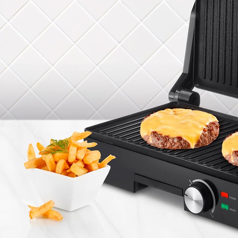 Teide Parilla Eléctrica, Panini Press Grill, 1600W, Placas Antiadherentes, Apertura 180º, Regulador de Temperatura, Asa Toque Frio, Negro — foto 4 de 6