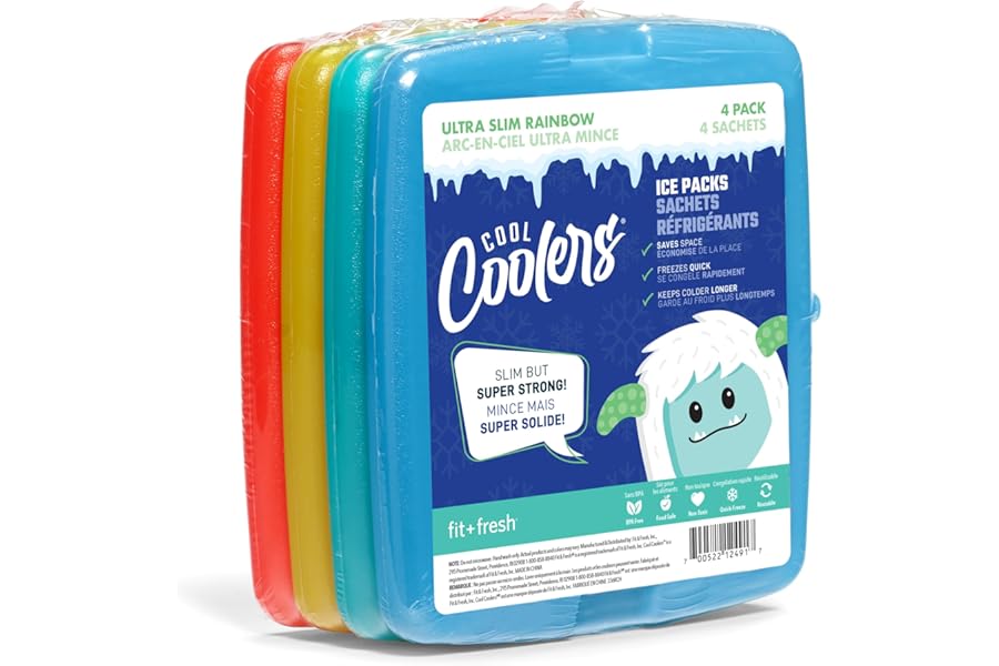 Cool Coolers by Fit + Fresh, 4 Pack Slim Ice Packs, Space Saving Reusable Ice Packs for Lunch Boxes or Coolers