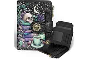 Icycay Goth Gothic Skull Small Wallet Women RFID Blocking Bifold, Credit Card Holder, Zipper Coin Pocket, PU Leather, Funny Witchy, Compact, Travel, 4 ID Window 14 Card Slots, Cash Purse, Ladies Woman