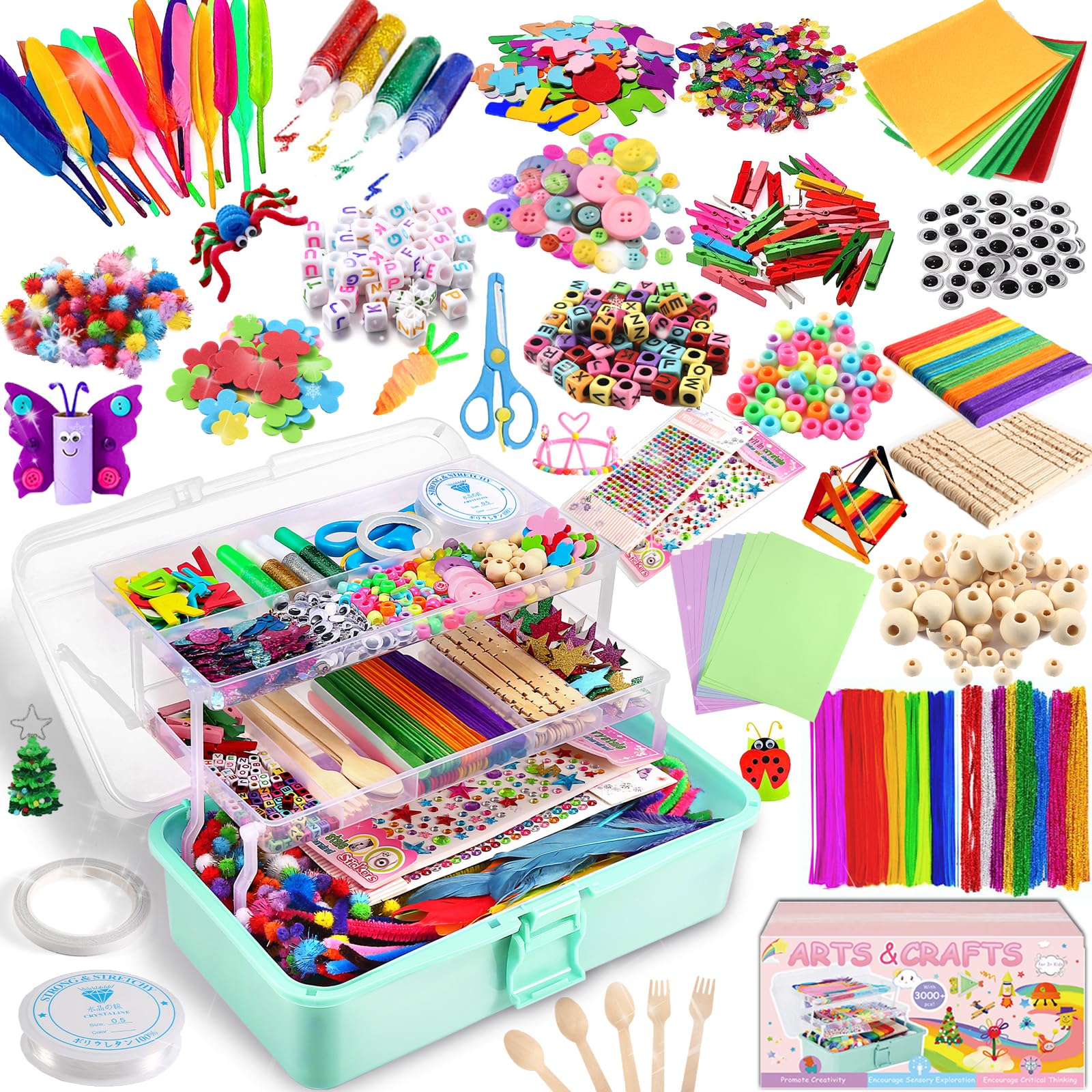 Arts and Crafts Supplies for Kids, 3000+Pcs DIY Craft Kits, Ages 6-10, Educational Preschool and Homeschooling Arts Programs, Children Craft Kits, Christmas Gifts in Portable 3 Layered Plastic Art Box