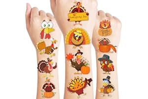 FRAWHARMONE Turkey Temporary Tattoos for Kids – 96PCS Fall&Thanksgiving Tattoos Stickers with Cute Turkeys, Leaves,Pumpkins – Turkey Birthday Party Decorations, Supplies, Favors,Gifts School Events,Holiday Fun