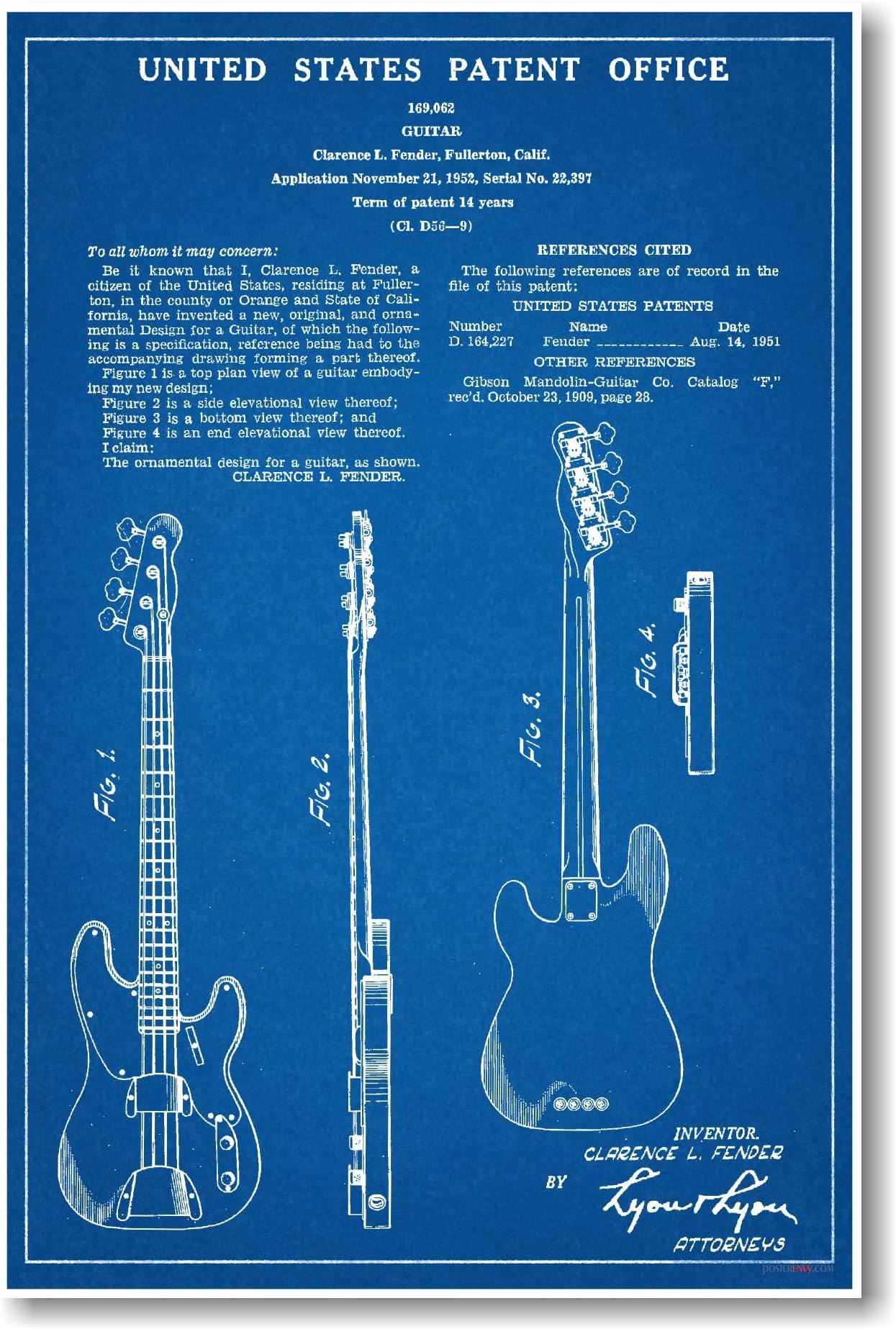 Fender Bass Musical Instrument Patent - NEW Famous Invention Blueprint Poster