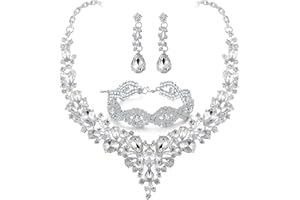 Paxuan Silver/Gold Plated Women Wedding Bridal Jewelry Set Prom Crystal Rhinestone Statement Choker Necklace Teardrop Earrings Link Bracelet Jewelry Sets for bride bridesmaid Wedding