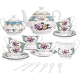 fanquare 15 Pieces European Retro Rose Tea Set,English Flora Tea Set for Adults,Porcelain Coffee Set