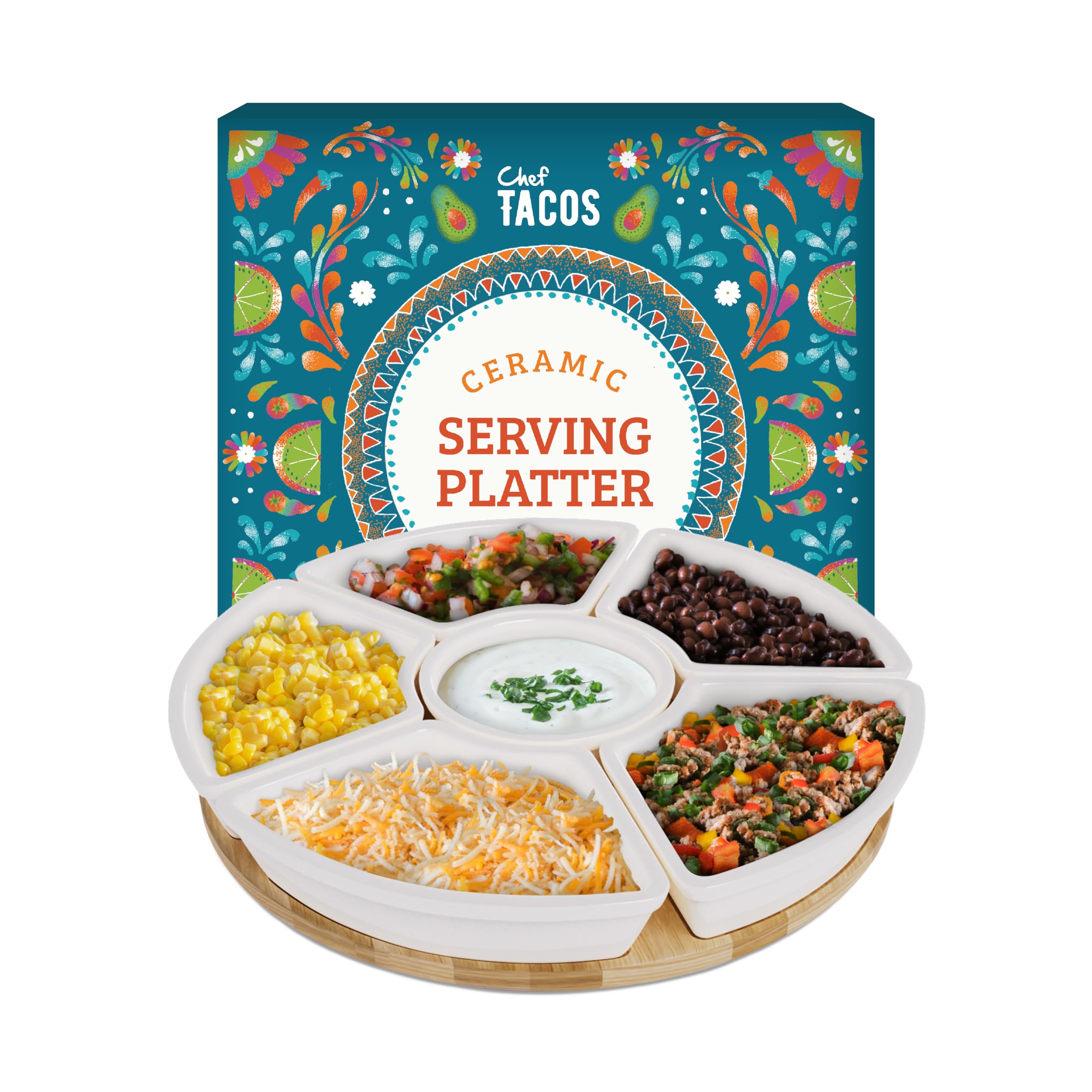 Chef Tacos Ceramic Taco Serving Platter - Divided Serving Tray for Taco Tuesday Lazy Susan Taco Bar - Chip and Dip Serving Set for Party - Appetizer Serving Tray for Salsa, Snacks – Taco Tray 26 cm