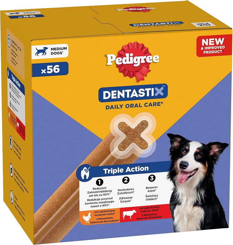 DentaStix Hundesnack für mittelgroße Hunde (10-25kg), Zahnpflege-Snack mit Huhn und Rind, 1 Packung je 56 Stück (1 x 1.44 kg)