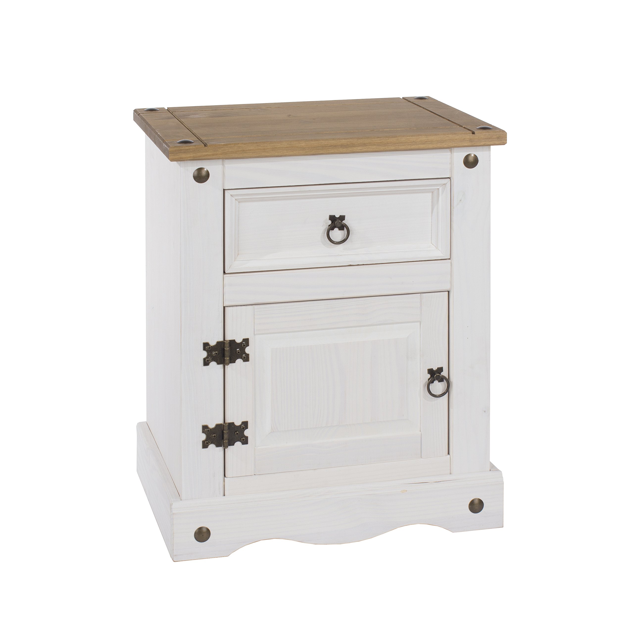 Home Source Solid Pine Bedside Cabinet, 1 Door,1 Drawer Night Stand Bedroom Storage, White
