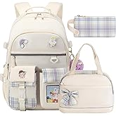 KIDNUO Backpack for Girls 15.6 Inch Laptop School Bag Kids Elementary College 3pcs Backpacks Lunch box Pencil Case Set Bookbags for Girls Teen Women Student Beige