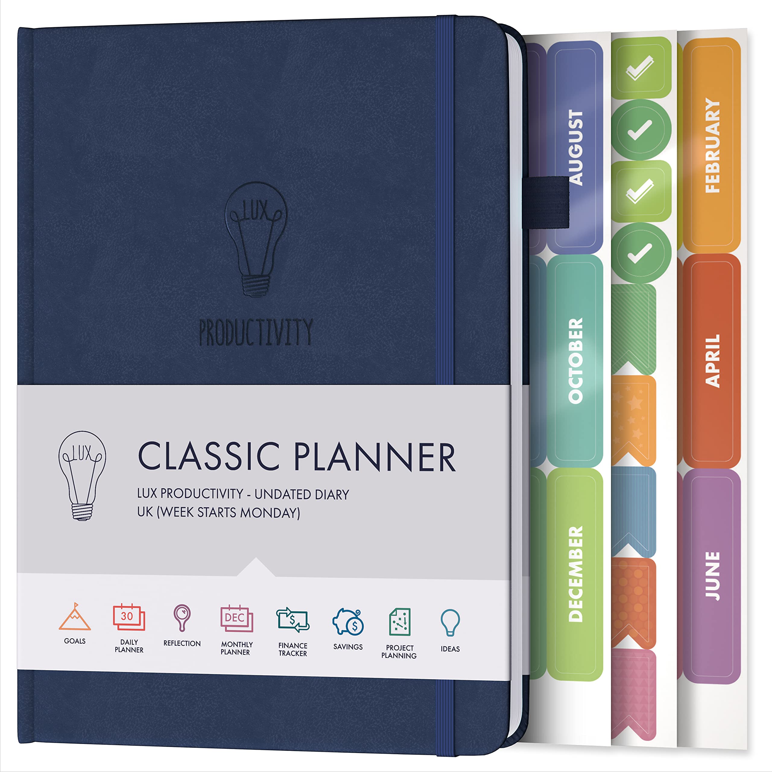 Daily Planner & appointment diary - Gratitude journal, wellness journal & Undated weekly planners and organisers - Desk journals for women & men - LUX Productivity Classic (NAVY BLUE) โ image 1