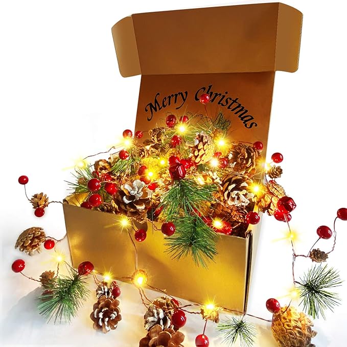 Gemmy airblown glimmer 5ft inflatables bling AY 2 Packs Christmas String Lights, 6.8Ft Pine Cone Berries Red Bell