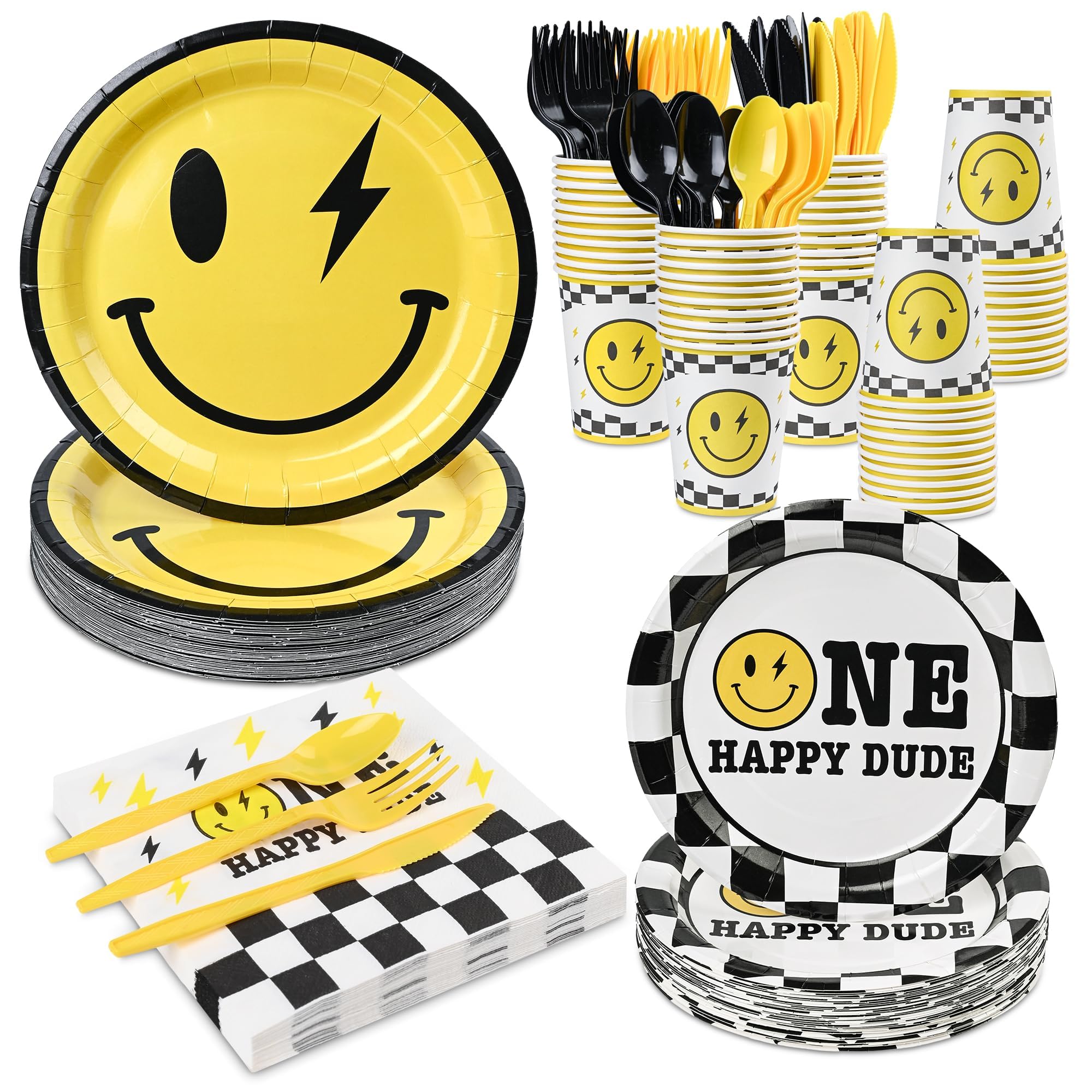 Photo 1 of One Happy Dude 168Pcs Birthday Party Pack - Yellow Smile Face Plates, Cups, Napkins, Plastic Spoons, Forks, Knives & Favors for 24 Guests