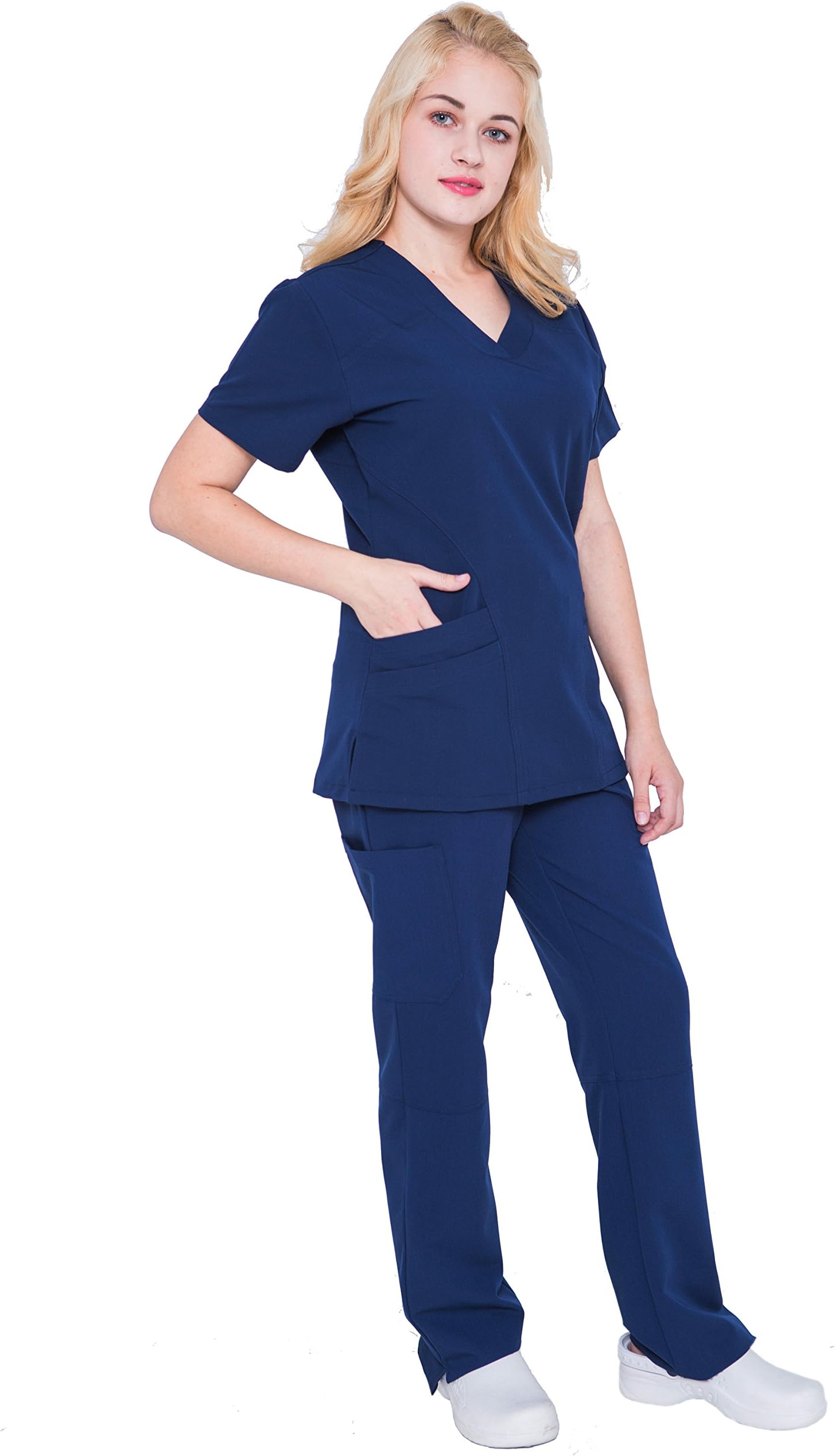 Women V Neck Stretch Scrubs Set - Pandamed Women Nursing Workwear Scrubs TRS3104 (Navy, S)