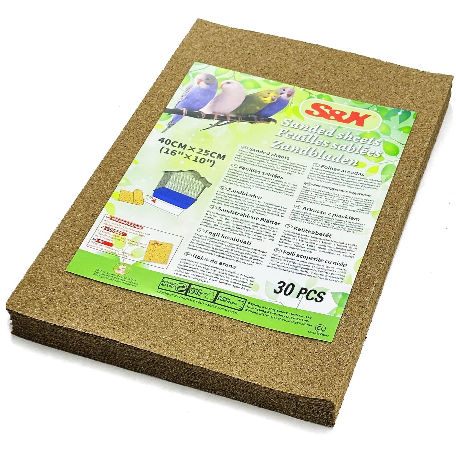 S&X Sand Sheets for Bird Cage 40cm x 25cm, Gravel Liner Paper 30-Pack