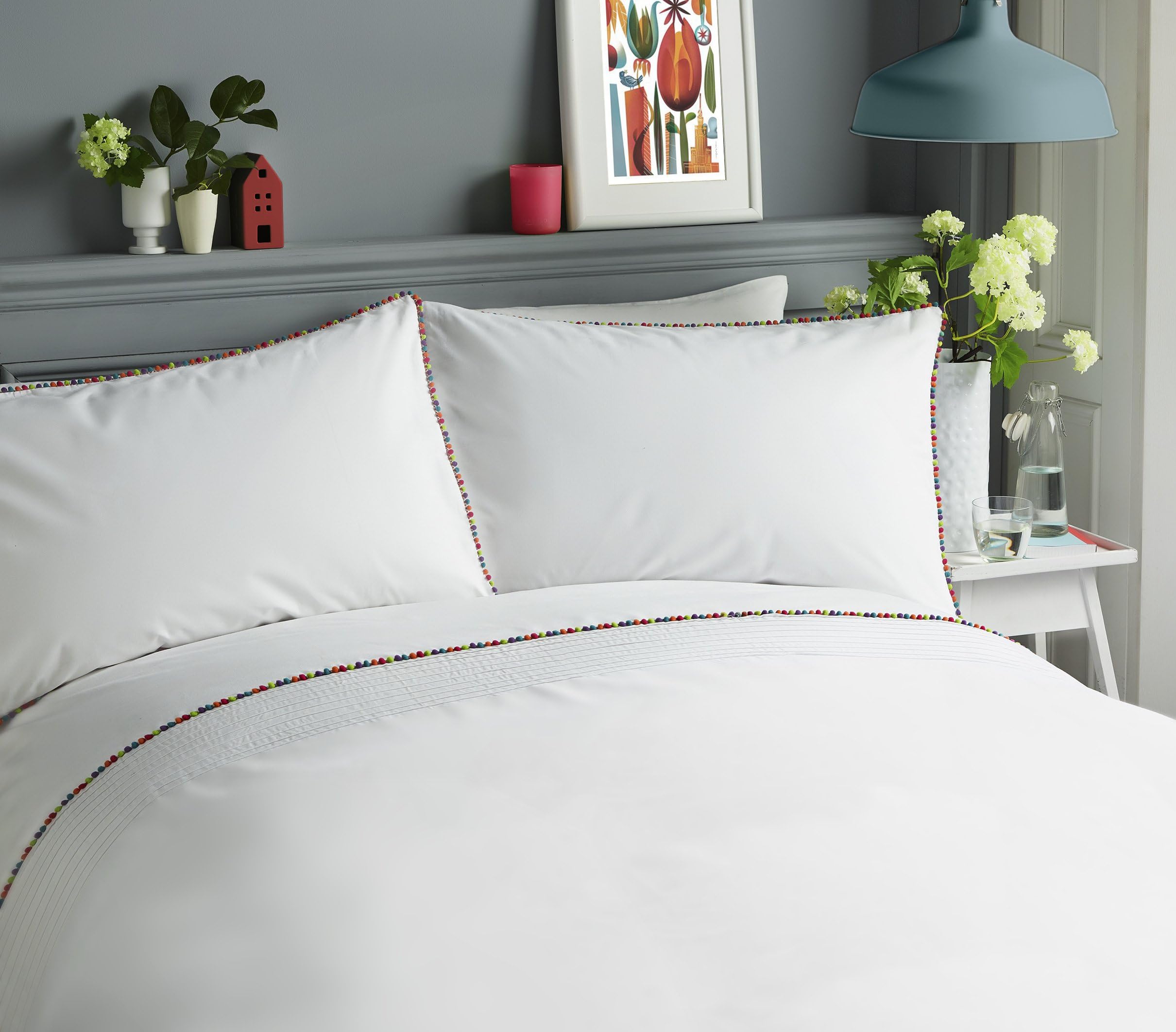Serene - Pom Pom - Easy Care Duvet Cover Set | Super-King Size | Multicolour White Bedding with Multicolour Pom Poms