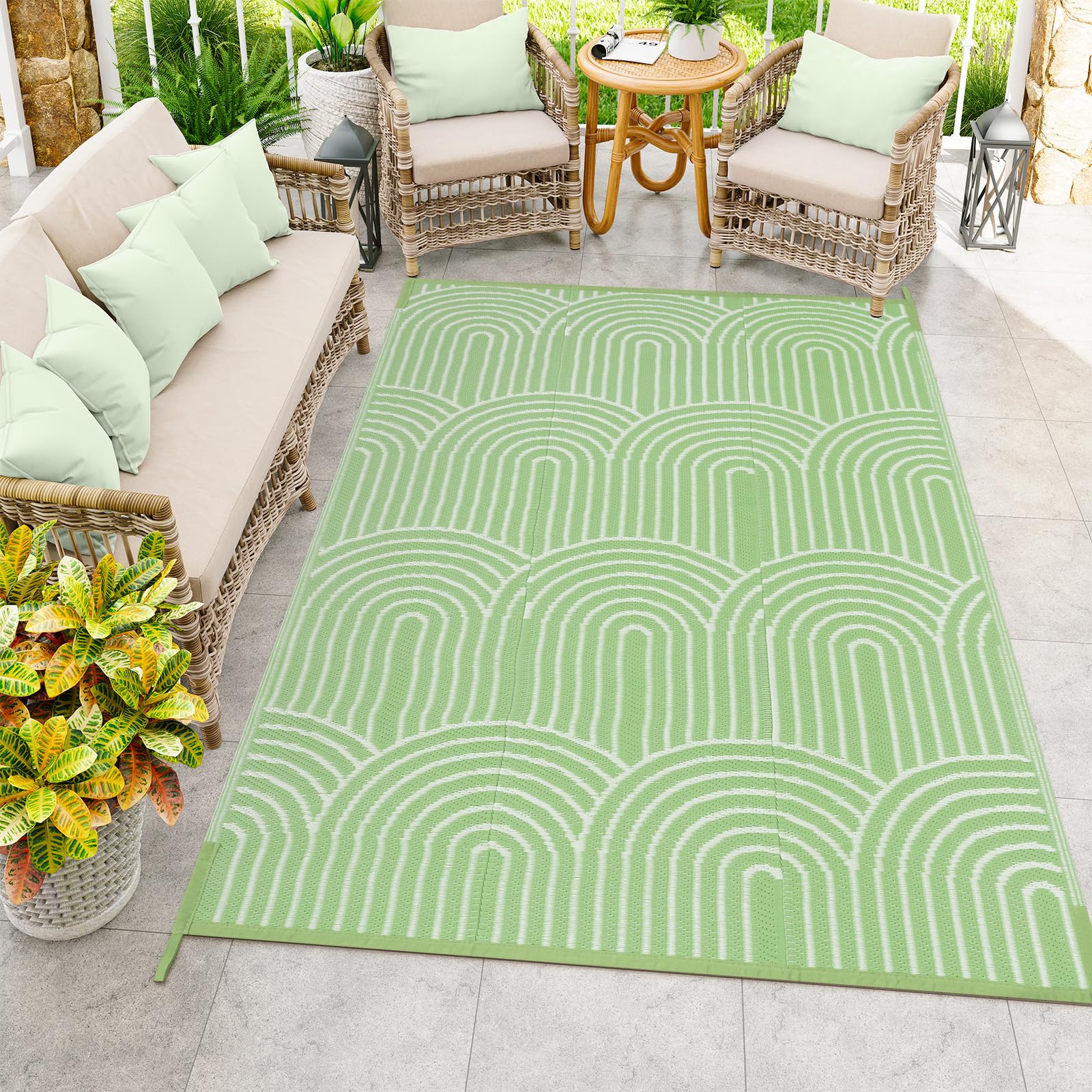 Photo 1 of Anidaroel Patio Rugs Outdoor 6’x9’ Clearance Waterproof, Reversible Rainbow Outdoor Plastic Straw Outside Rugs, RV Outdoor Rugs for Camping, Porch, Balcony, Backyard (Green, 6‘X9')