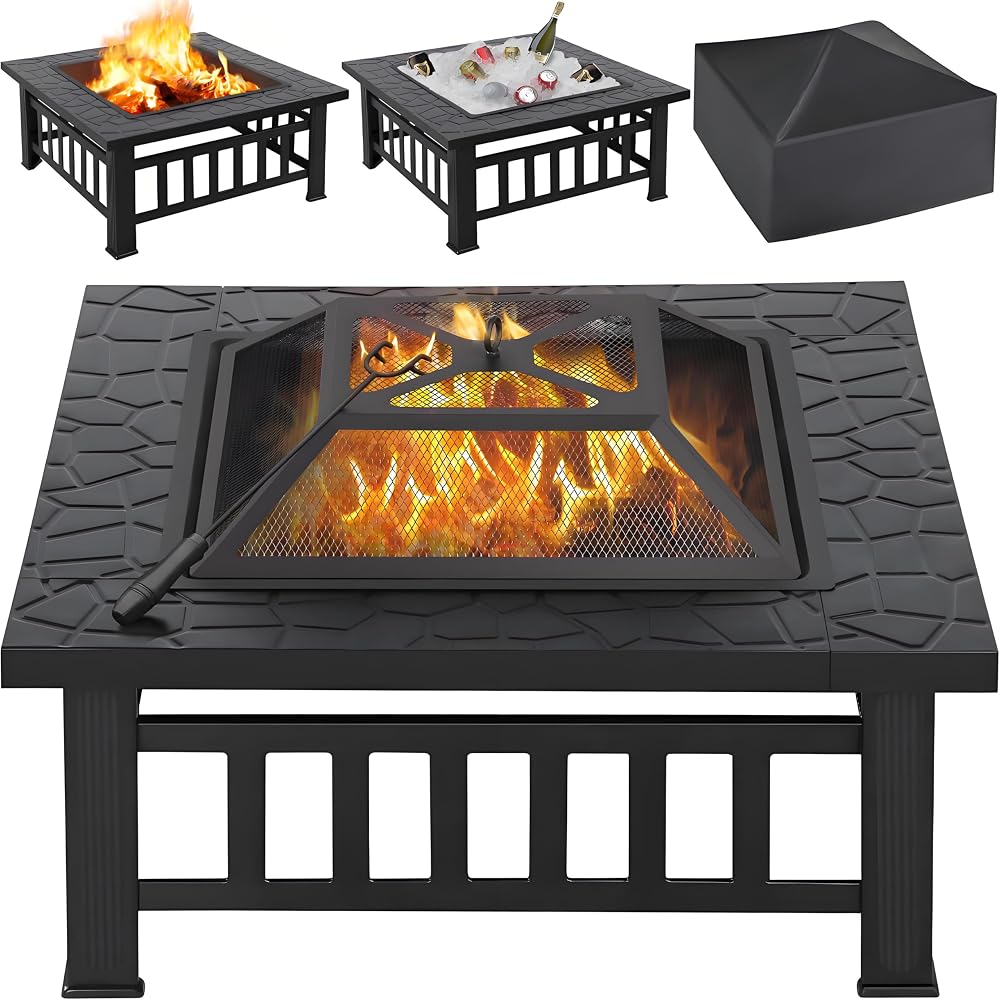 Yaheetech Outdoor Fire Pit 81cm Square 3 in 1 Heat Resistant with Cover