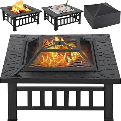 Yaheetech Outdoor Fire Pit 81cm Square 3 in 1 Heat Resistant with Cover