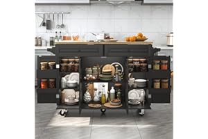 Squireewo 55" Kitchen Cart with Wood Top and Drop Leaf Breakfast Bar, Rolling Mobile Kitchen Island Table on Wheels with Drawer and Storage Cabinet, Spice Rack, Towel Rack, Black