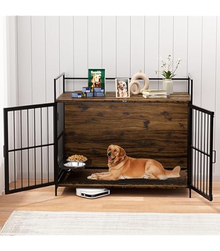 HOOBRO Heavy Duty Dog Crate Furniture With Drawers - 39.4" Wooden Dog Kennel, Triple Door Design, Walnut & Black | Indoor Side Table