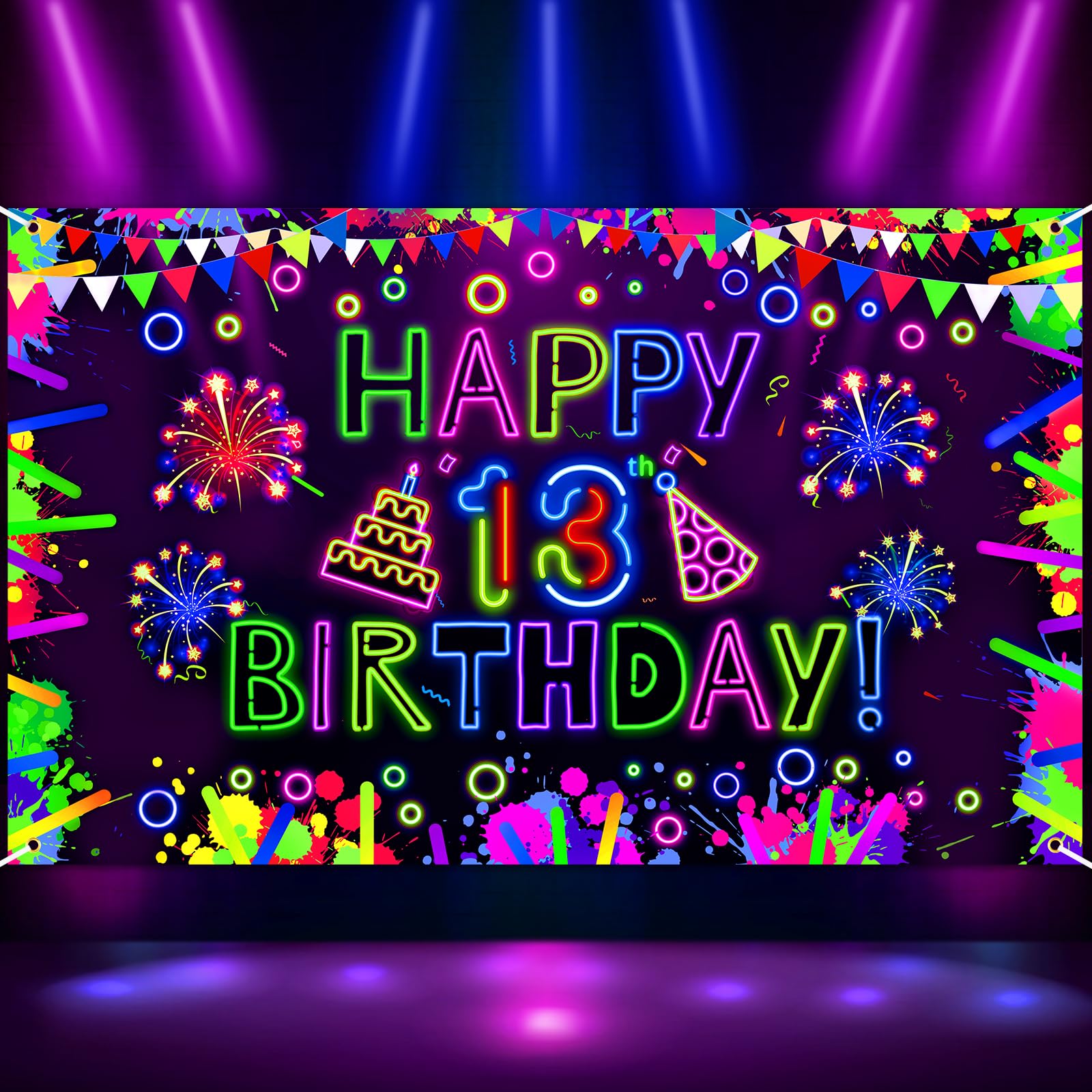 Photo 1 of Neon Happy 13th Birthday Banner & Backdrop - Glow in The Dark Party Decorations with UV Black Light Reactive for Let Glow Neon Birthday Blacklight Halloween Party Supplies