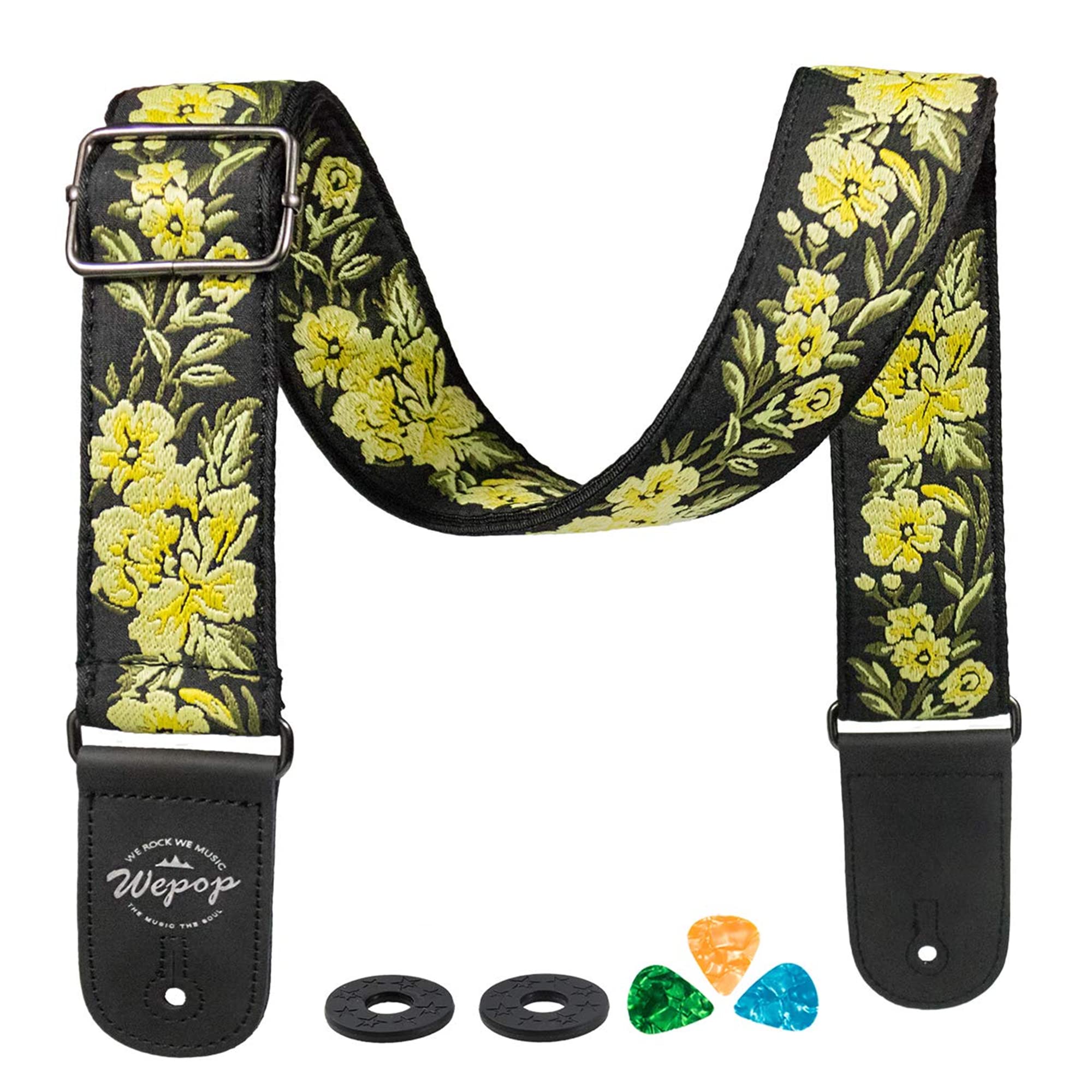 Guitar Strap Flower Rose Vintage Woven Leather Ends for Bass Electric Acoustic Guitar Accessories Picks (Yellow)