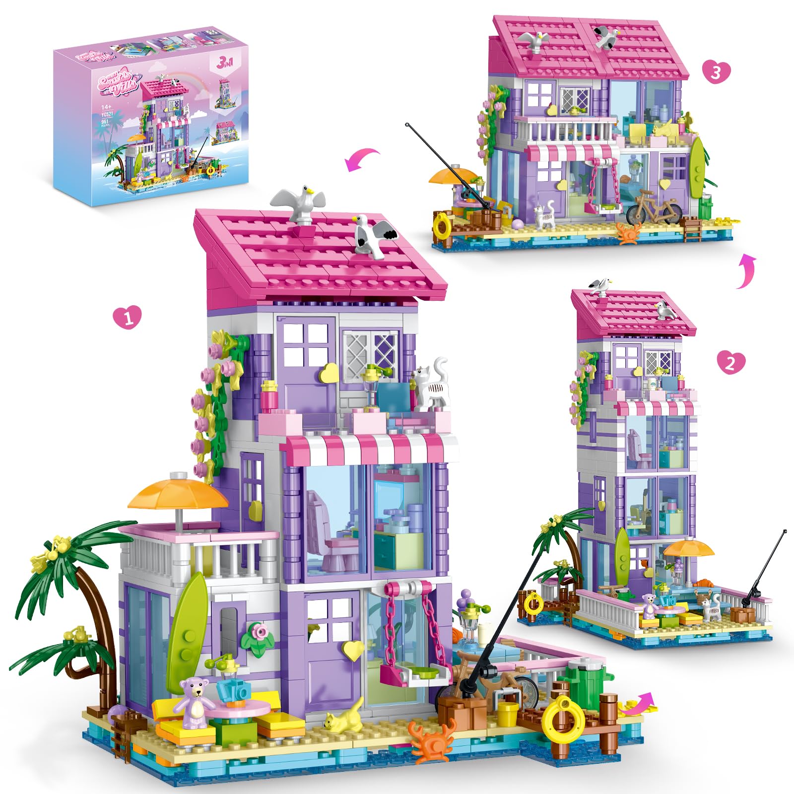 Photo 1 of 3 in 1 Pink Girls Beach House Building Set with Light, Seaside Villa Friends Building Toys, Compatible with Lego Friends Construction Educational Toy for Adults & 14+ (961 PCS)