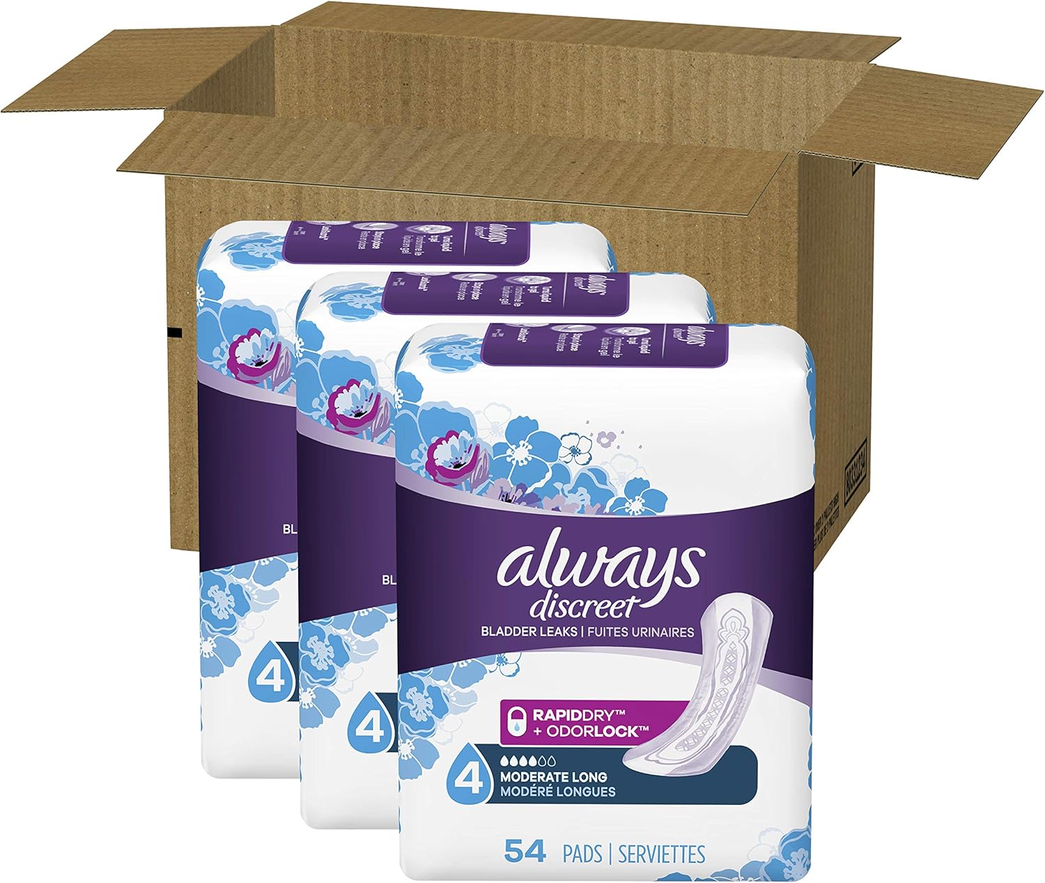 Always Discreet Incontinence Pads for Women, 162 Count, Moderate Absorbency, Long Length (54 Count, Pack of 3 - 162 Count Total): Health & Personal Care
