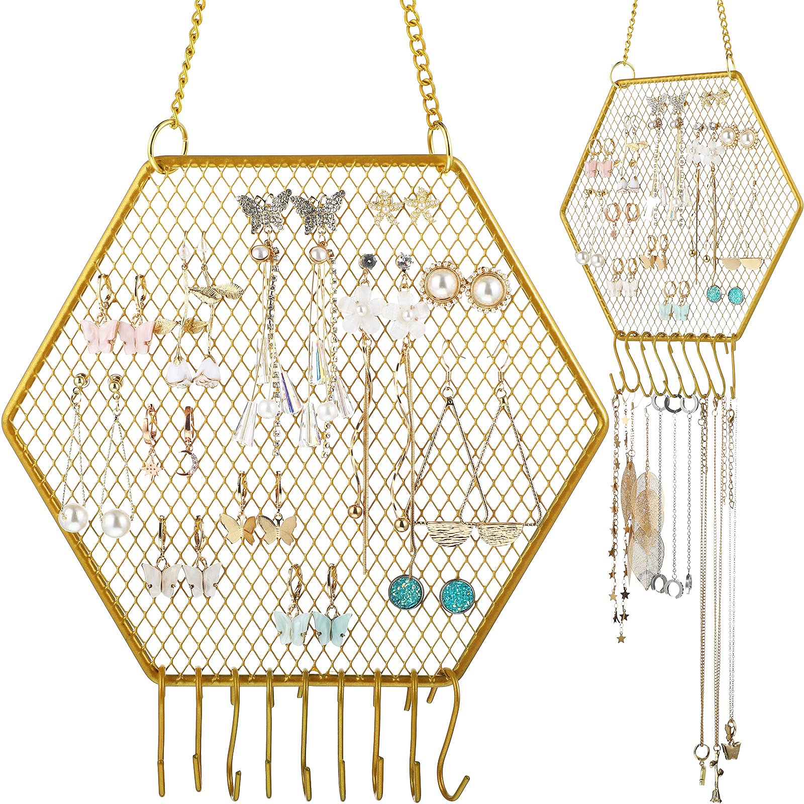 2 Pieces Earring Wall Holder Wall Mounted Earring Organizer Hanging Hexagon Earring Stand Decorative Diamond Grid Shape Jewelry Display Rack with Hanging Hooks for Earrings Necklaces Bracelets