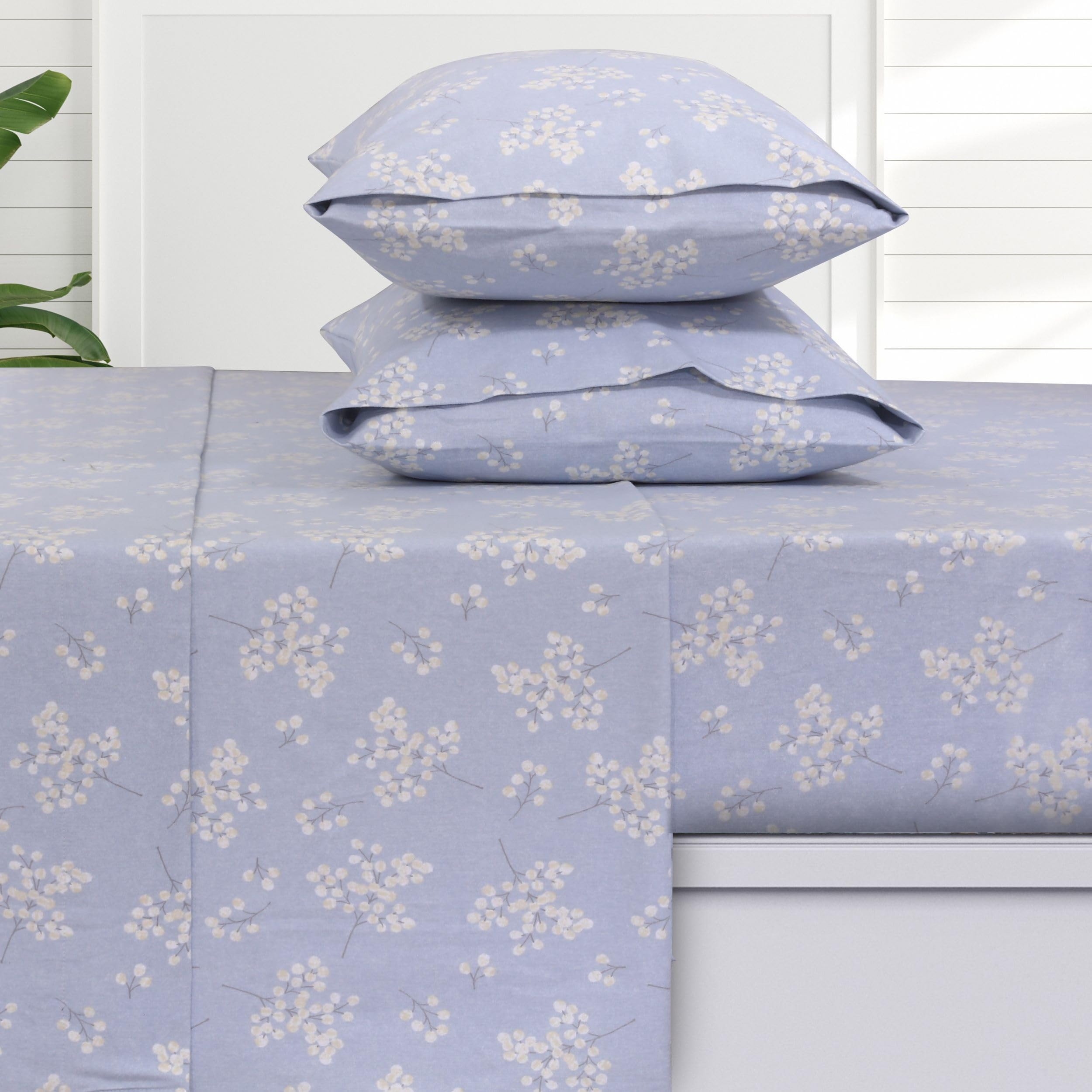 Tribeca Living 100% Cotton Flannel Sheet Set - 4 Piece Deep Pocket Flannel Sheets for Full Size Beds - 200 GSM German Mill Crafted Heavyweight Warmth in Giovanna Floral Image