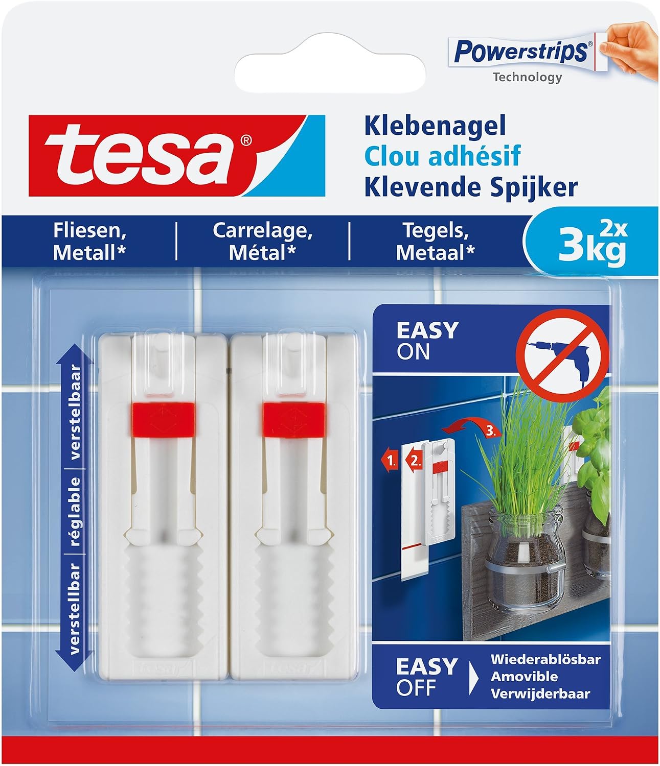 tesa Adjustable Adhesive Nail for Tiles & Metal 3kg, clear / transparent, 3 kg