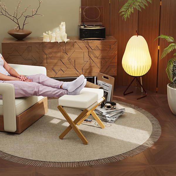BAMBOOHOMIE FOLDABLE FOOT STOOL OTTOMAN, MODERN FOOT REST WITH BAMBOO X LEGS & THICK FOAM CUSHION, FOLDING FOOT STOOLS SMALL PADDED FOR BEDROOM LIVING ROOM, FOOTSTOOL FOR CHAIR COUCH (NATURAL – BEIGE)