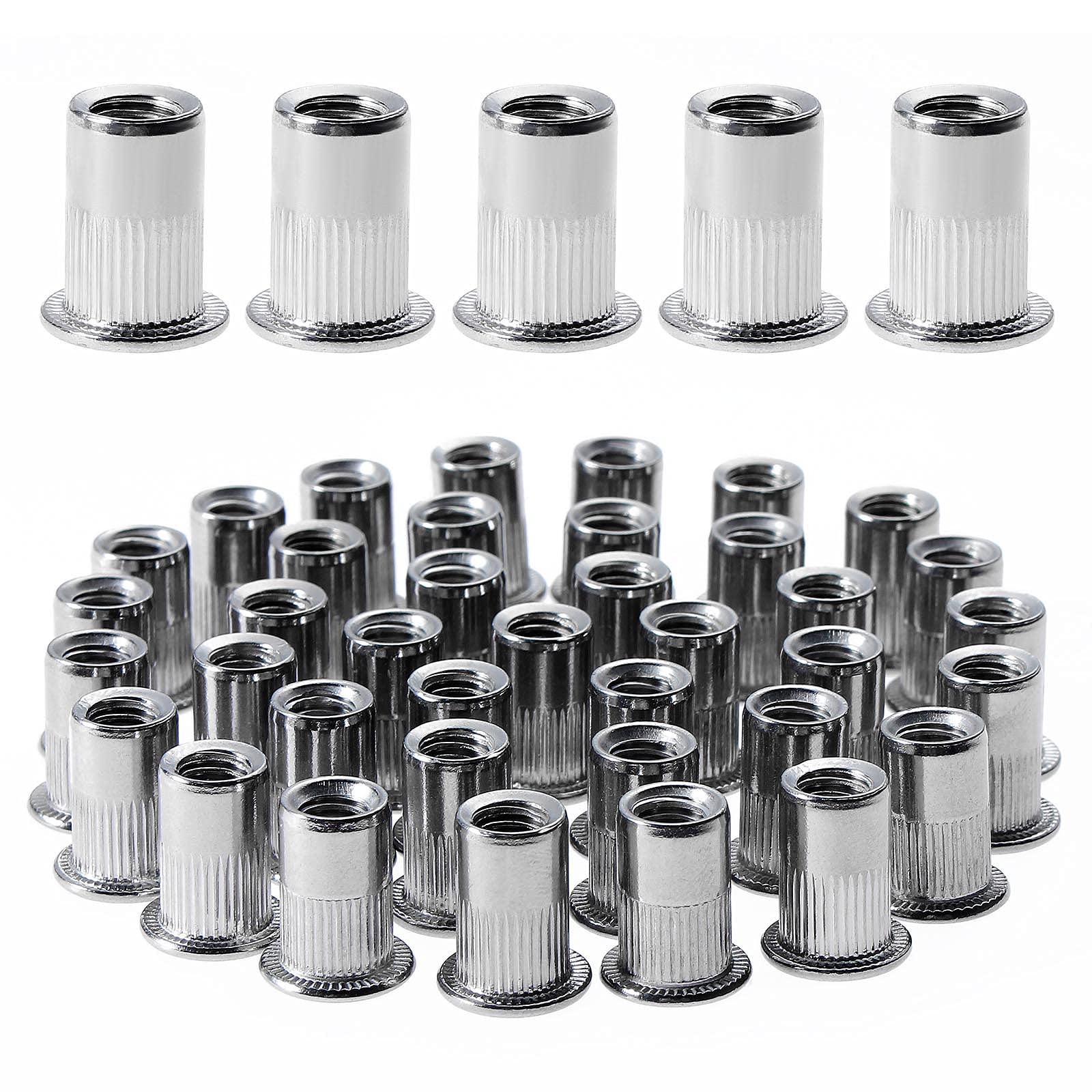 Gueenky 100PCS M6 Rivet Nuts, M6 Nutsert Stainless Steel, Flat Head M6 Threaded Rivets Nutsert for Wood Furniture (12mm x 15mm)