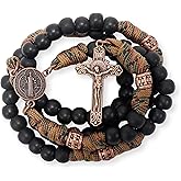 Nazareth Store Paracord Rosary Necklace 8mm Black Beads Antique Bronze Strong Rugged Corded Catholic Rosary with St.Michael Medal & Cross Crucifix