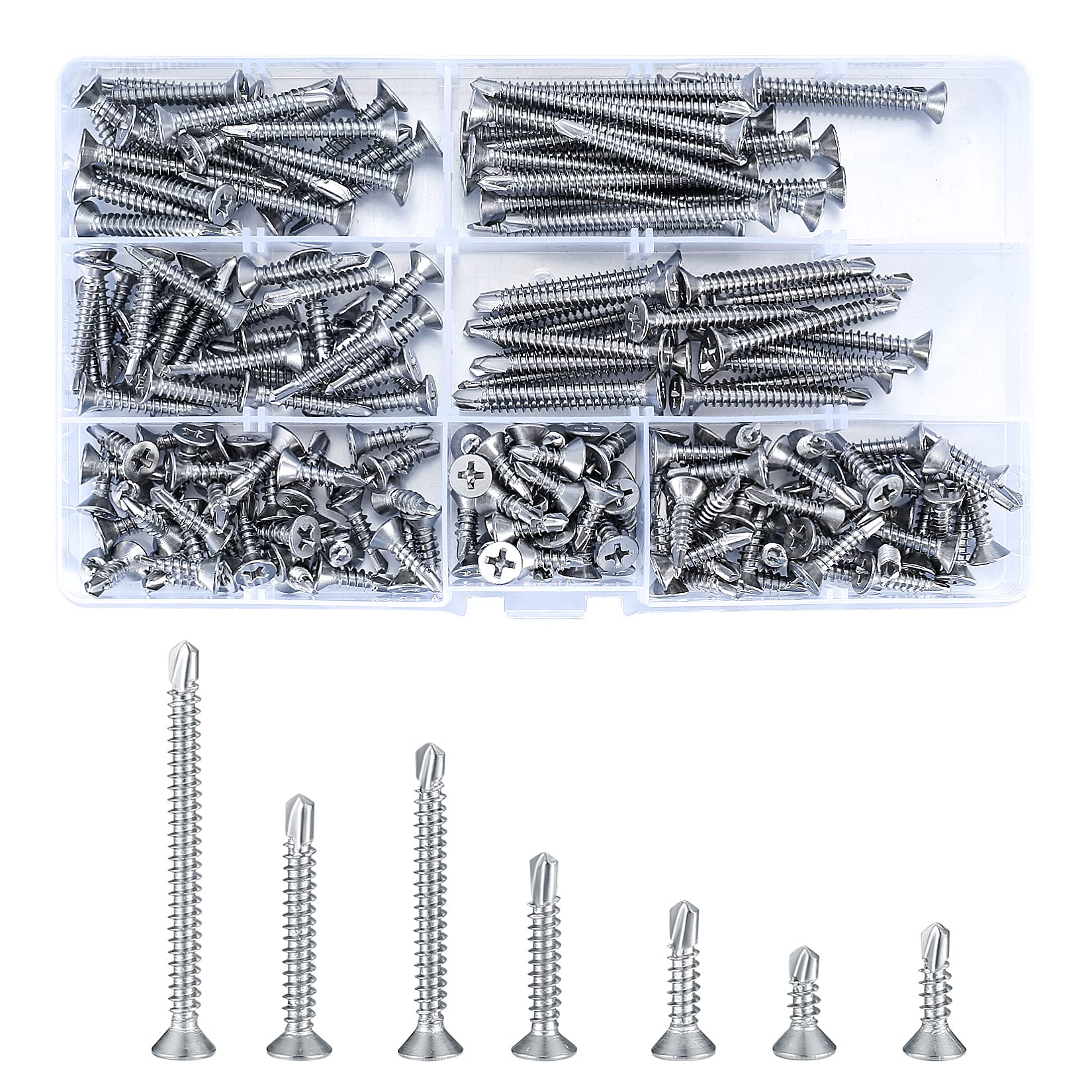 200 Pcs Self Drilling Cross Flat Head Screws, Stainless Steel Self Tapping Wood Screws, Countersunk Roofing Screw for Metal Sheets - M4.2 * 13mm/16mm/19mm/25mm/32mm/38mm/50mm (silvery)