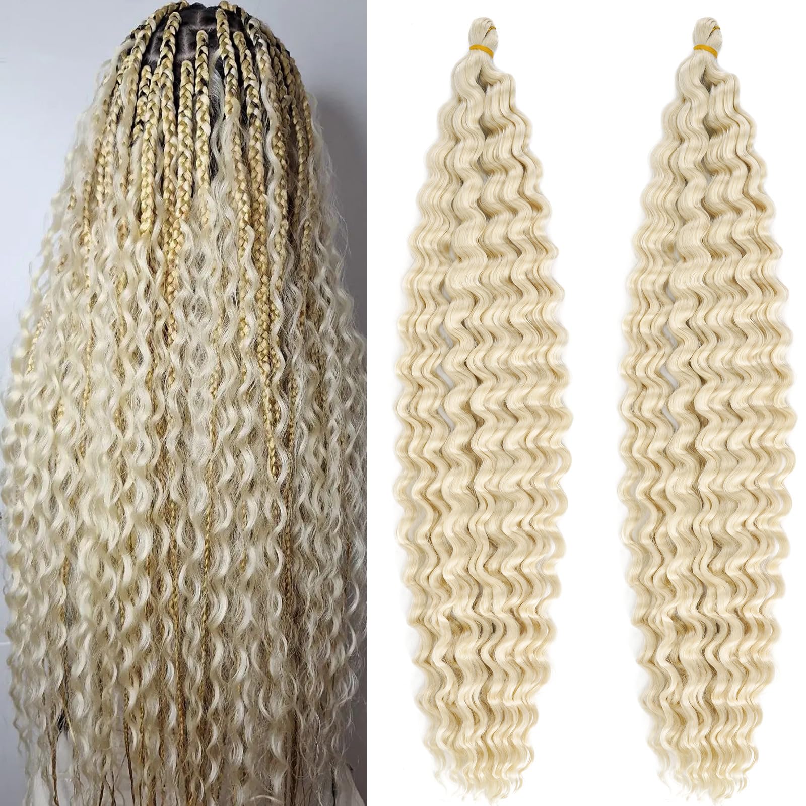 Photo 1 of UPruyo Blonde Curly Braiding Hair Pre Stretched Deep Ocean Wave Crochet Hair Boho Braids 24 Inch 2 Packs Synthetic Havana Curls Wavy Braiding Hair 613 Bohemian Crochet Braids Hair Extensions