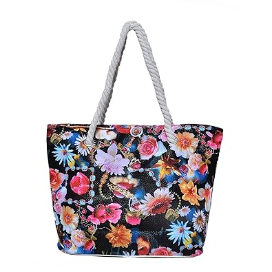 Tote Bag for Women by Random | With Rope Handle | Black Flowery Design