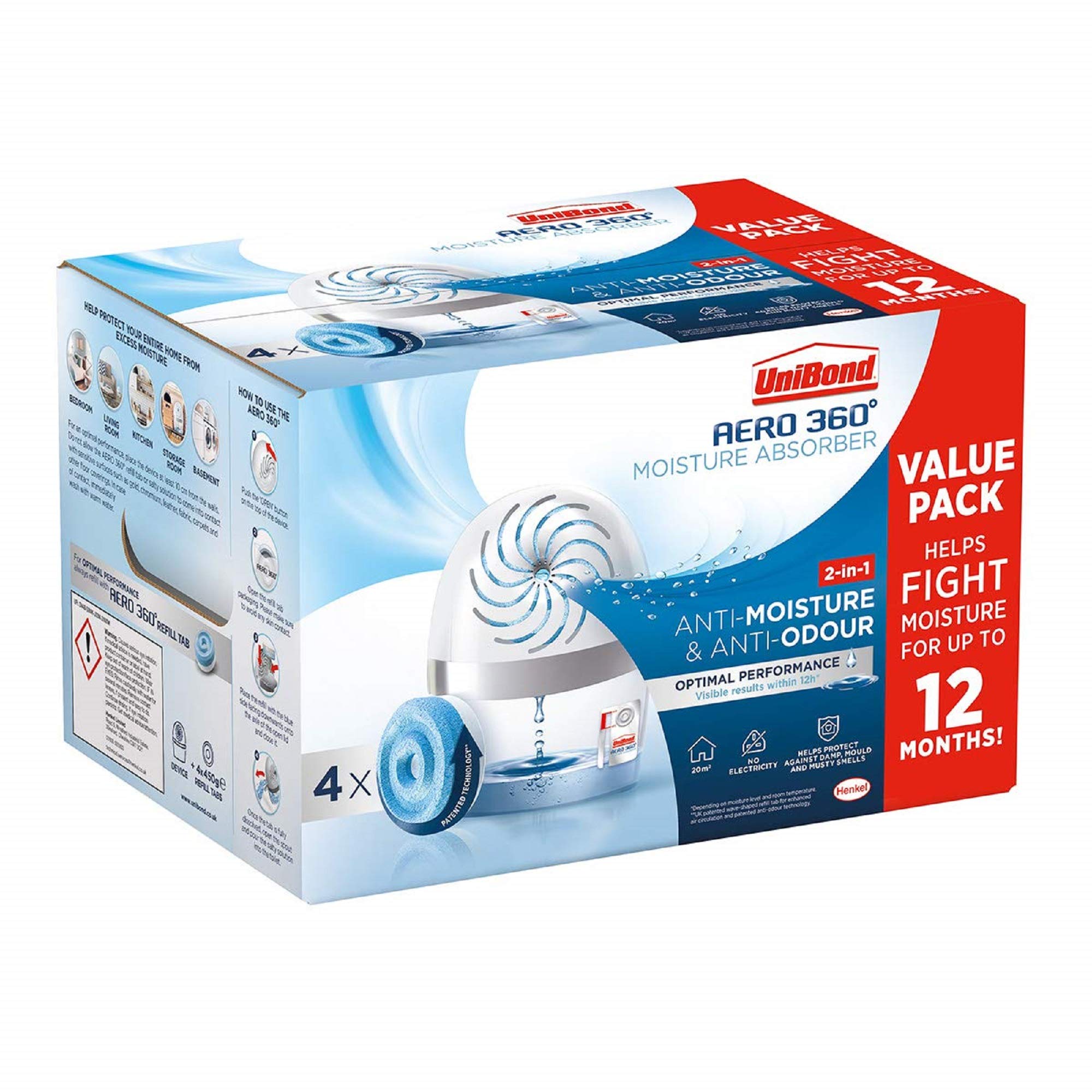 UniBond 2675590 AERO 360ΒΊ Moisture, Ultra dehumidifier, Helps to Prevent, Mould & Musty Smells, Condensation Absorber, 1 Device incl. 4 Refill tabs 450g, Neutral