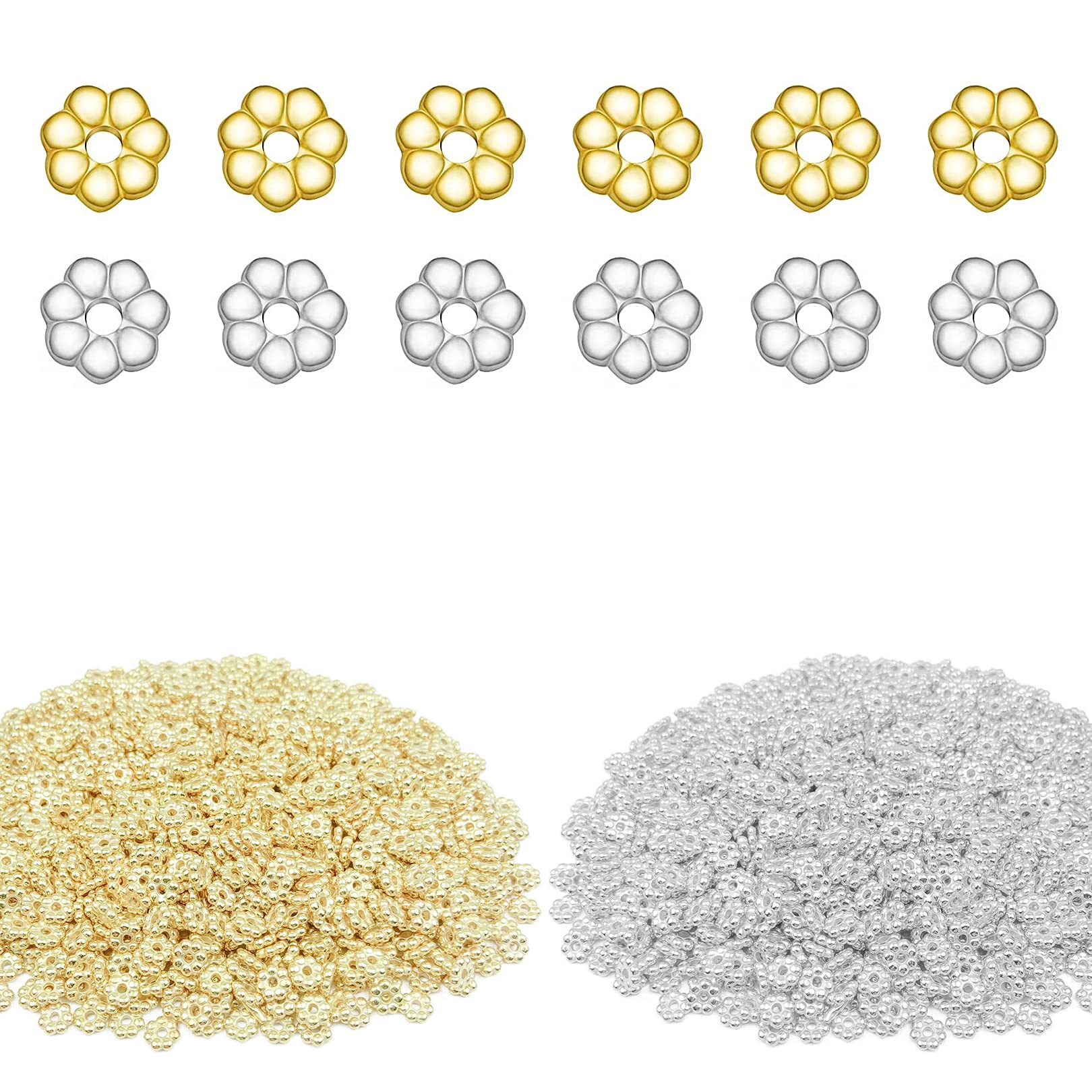Mulutoo 1200 Pieces Flower Shape Septal Bead Tibetan Style Daisy Spacers CCB Spacer Beads Disc Spacer Loose Beads for Bracelet Necklace Earring Jewelry Making(Silver and Gold)