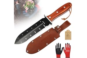 EZUVITA Hori Hori Garden Knife, Gardening Tools with Leather Sheath for Weeding, Gardening, Digging, 7” Stainless Steel Blade with Black Electrophoresis Coating, Double Cutting Edge, Full Tang Wood Handle with Hanging Hole