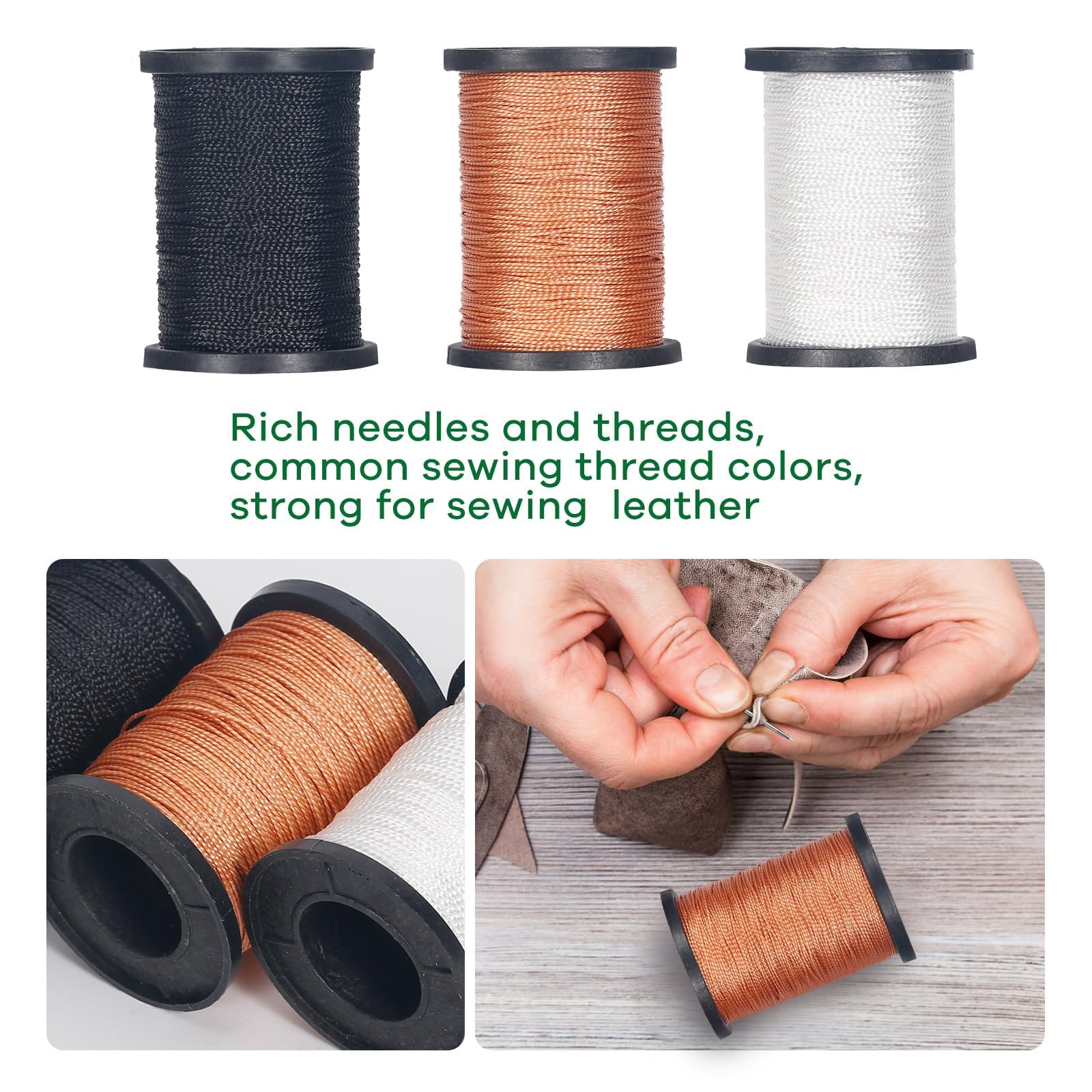Nurkul 3-Spool Nylon Thread Sewing Kit, 80 Yards Each, Heavy Duty Needles (5 Straight, 2 Curved), Sewing Awl, Ideal for Upholstery, Leather, Shoes & DIY Crafts