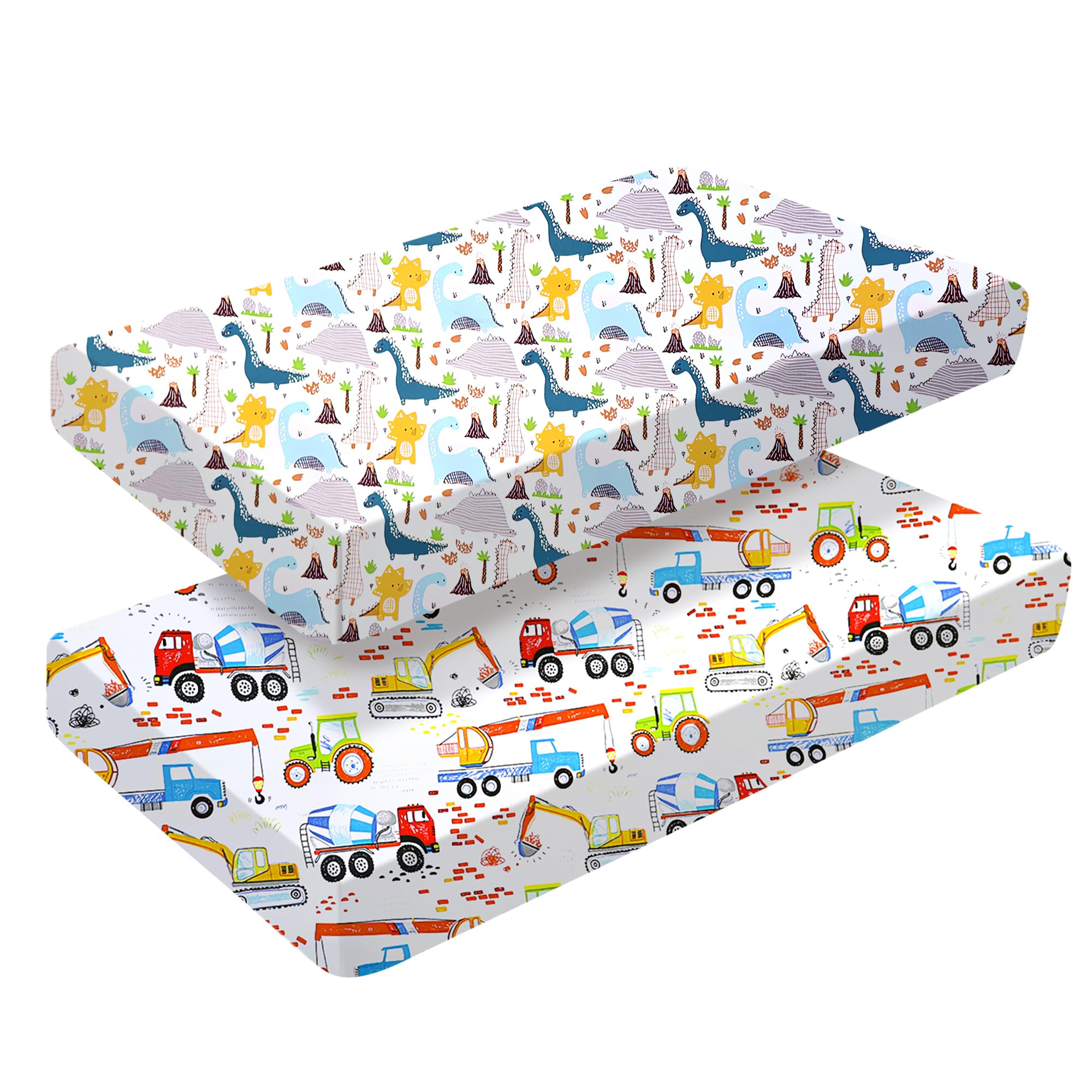 2 Pack Fitted Cot Bed Sheets 140 x 70cm for Girl Boys | Baby Bed Sheets | Easy Care Soft Cotton and Dureable, Unique Car & Dinosaur Pattern Baby Crib Mattress