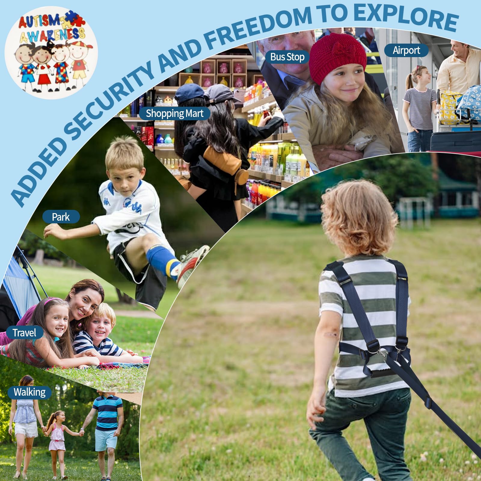 JXM Safety Harness for Active Childs with Quick Grab Handle, Teens Youth Secure Walking Harness with Autism Awareness and Pouch, Adjustable Tether Leash for Autism ADHD Special Needs Child Kids
