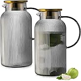 Buaic 2 PACK Glass Pitcher with Lid, 68 oz/ 2 Liter Gray Classic Vertical Stripes Water Pitcher,Glass Water Carafe for Cold Brew, Coffee, Lemonade, Iced Tea,Beverage, Heat Resistant Water Glass Jug