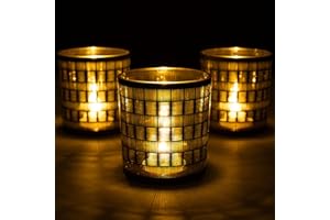 Romcanmy Votive Candle Holders, Set of 3 Black Gold Tealight Candle Holder with Woven Pattern, Vintage Glass Tea Light Holder